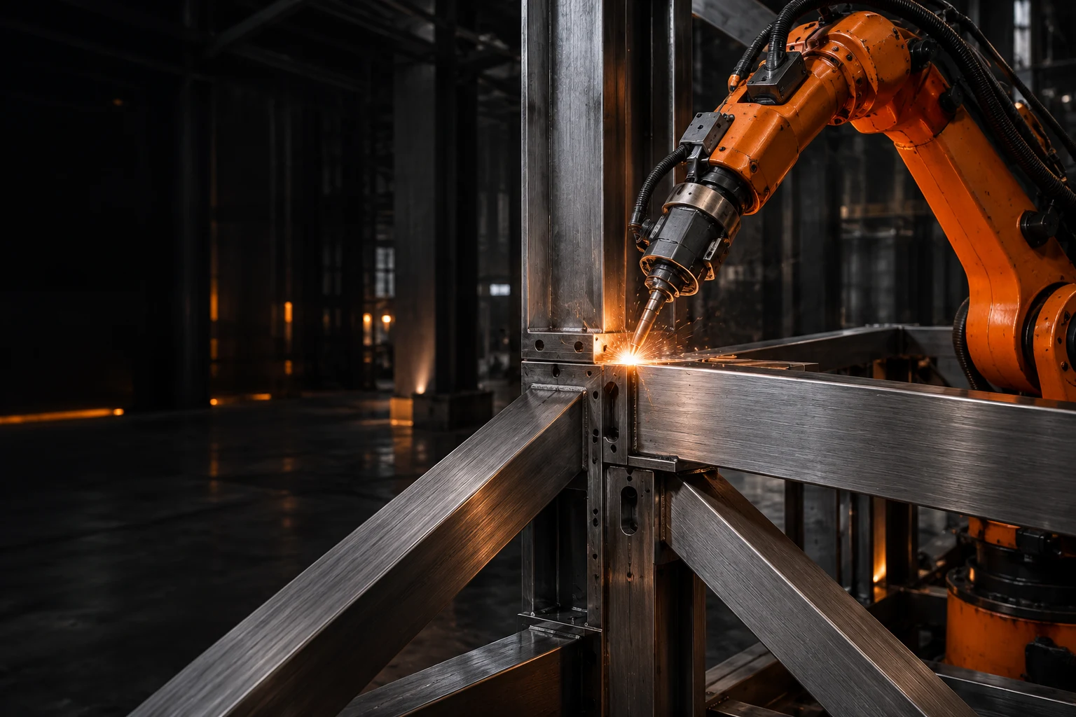 An orange industrial robotic arm welding a precision steel structure in a dark factory